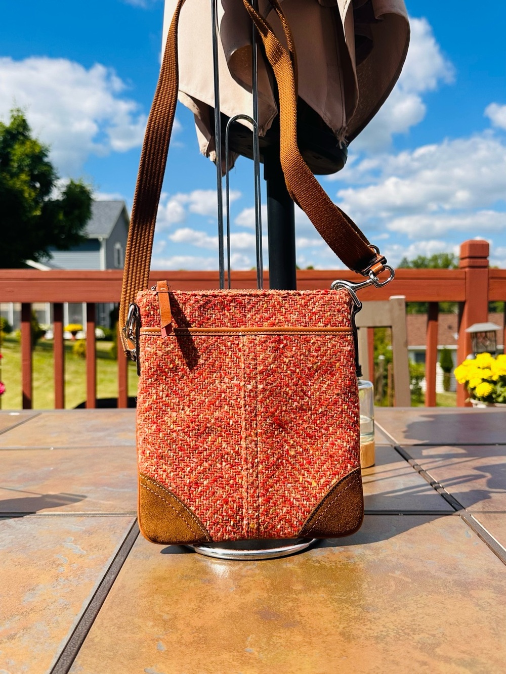 Coach Kitt Crossbody Messenger Bag in Camel-Rose Herringbone Wool Tweed Vintage